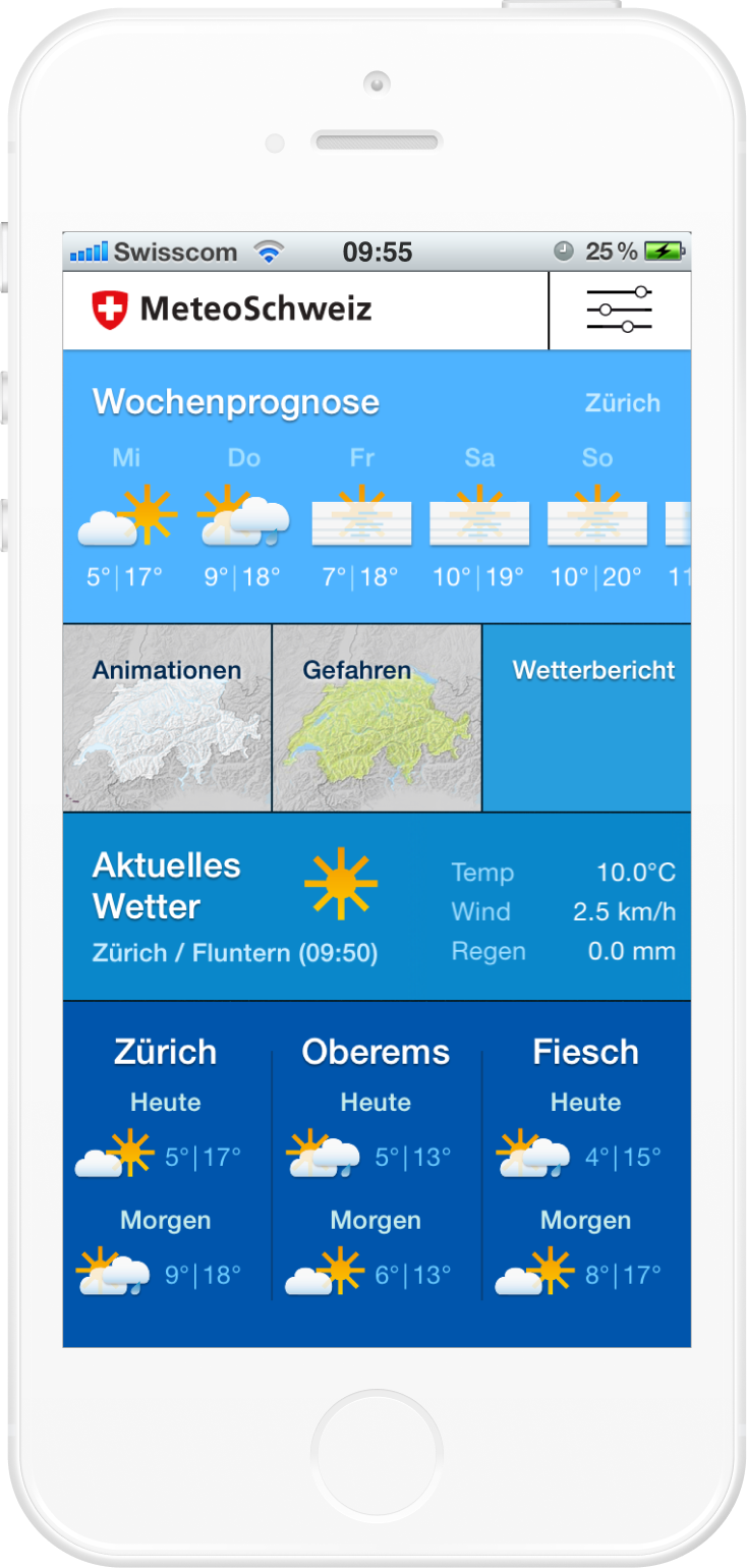 Screenshot of MeteoSwiss V1 in 2013. Homescreen showing weather forecast for multiple locations