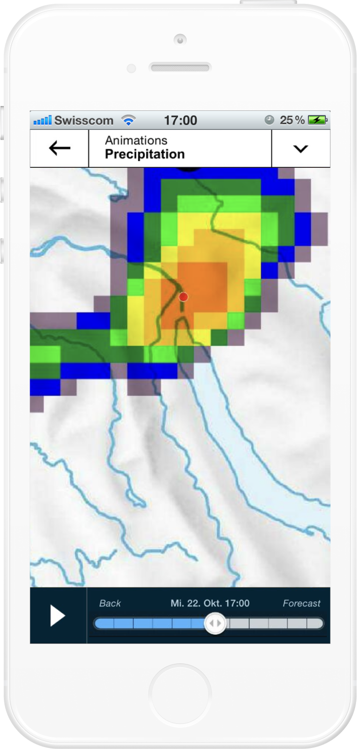 Screenshot of MeteoSwiss V1 in 2013. Precipitation forecast on a map