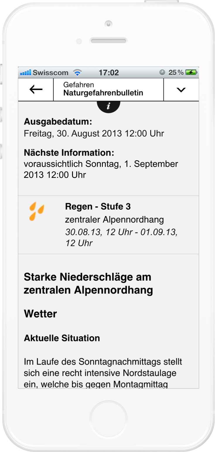 Screenshot of MeteoSwiss V1 in 2013. Textual weather warning 