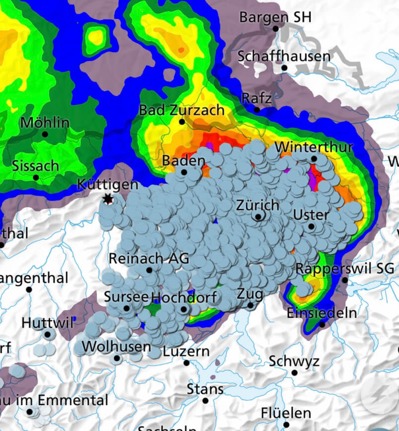 A map showing many hail reports