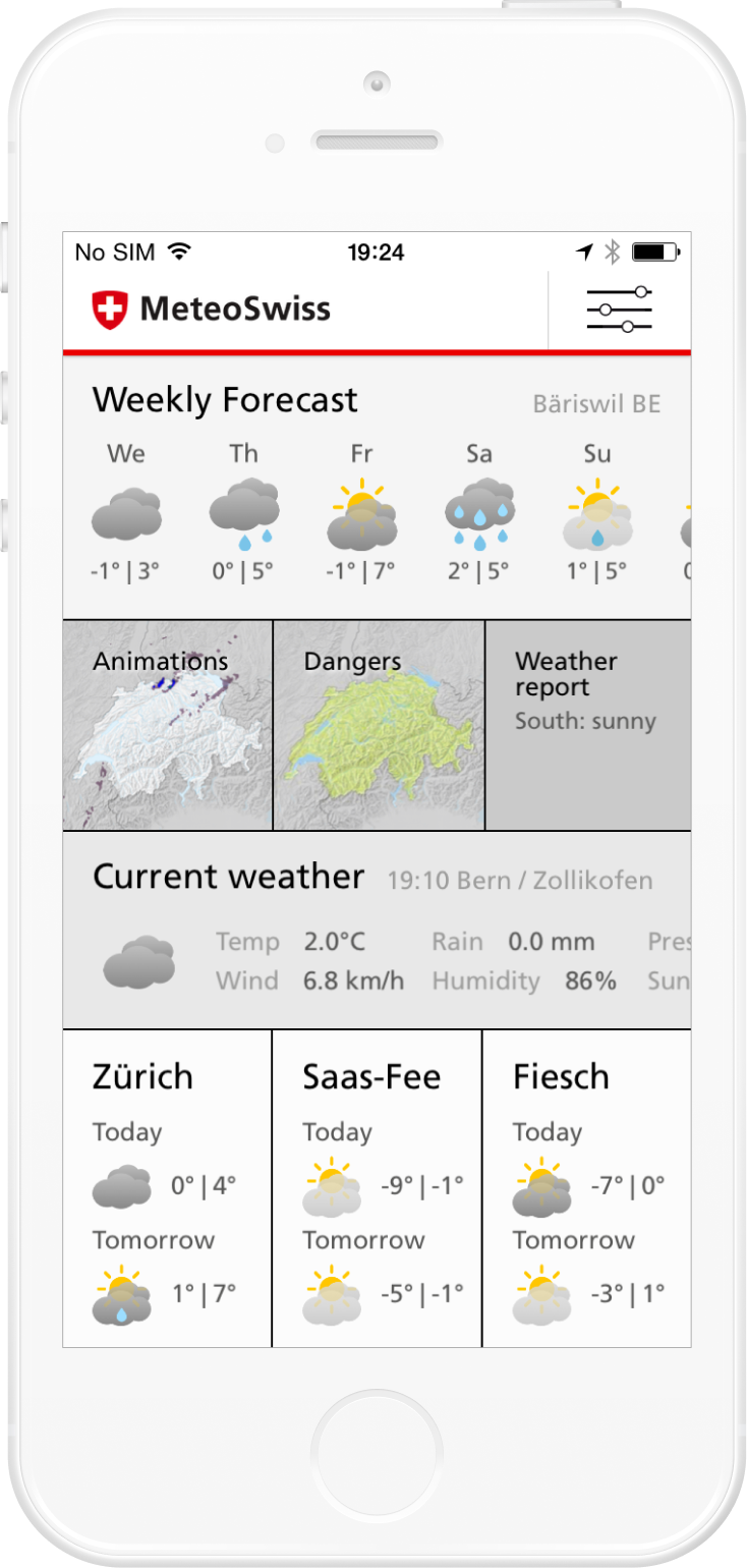 Screenshot of MeteoSwiss V2 in 2016. Homescreen showing weather forecast for multiple locations