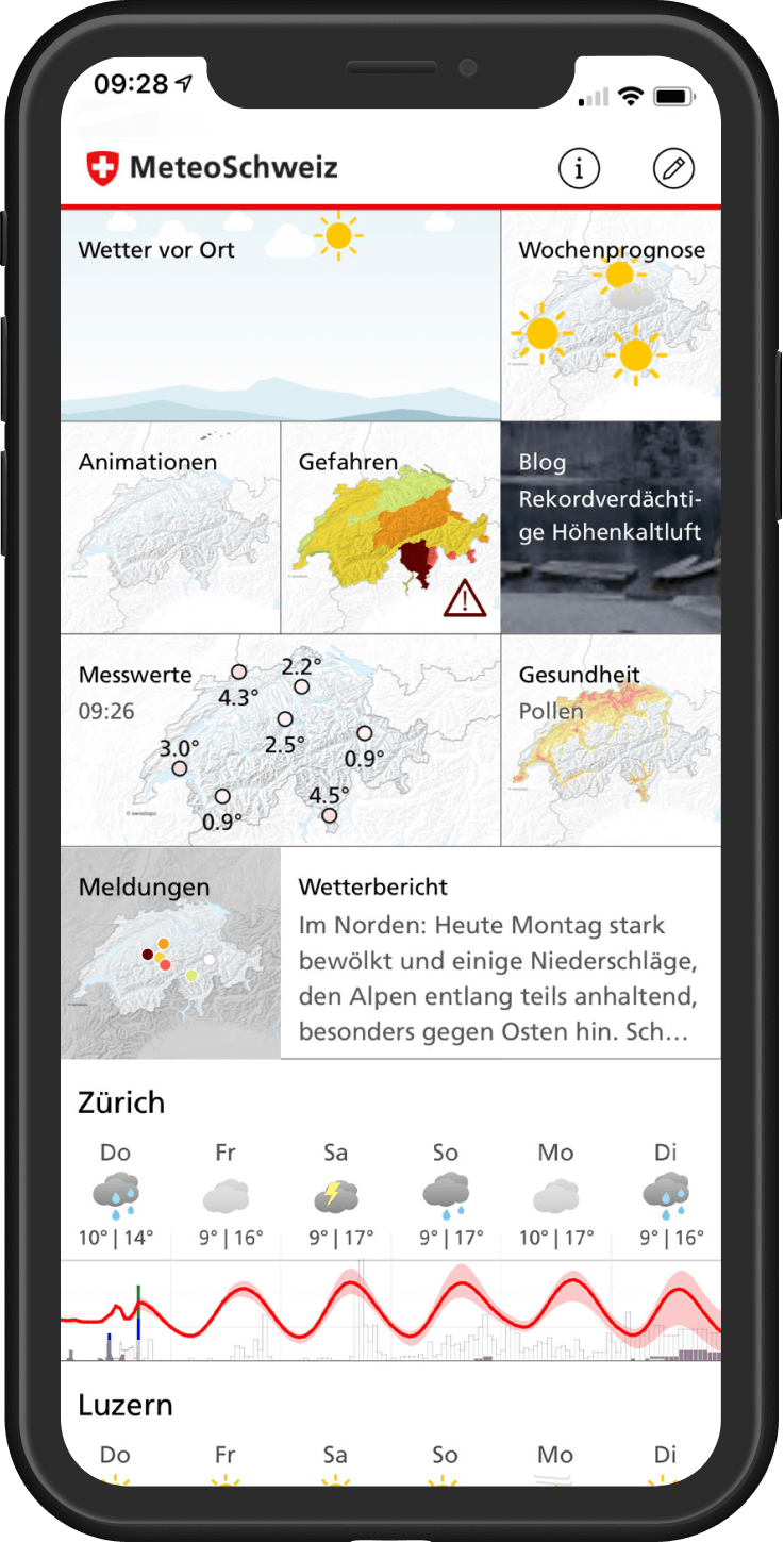 Screenshot of MeteoSwiss V2 in 2017. Homescreen showing weather forecast for multiple locations