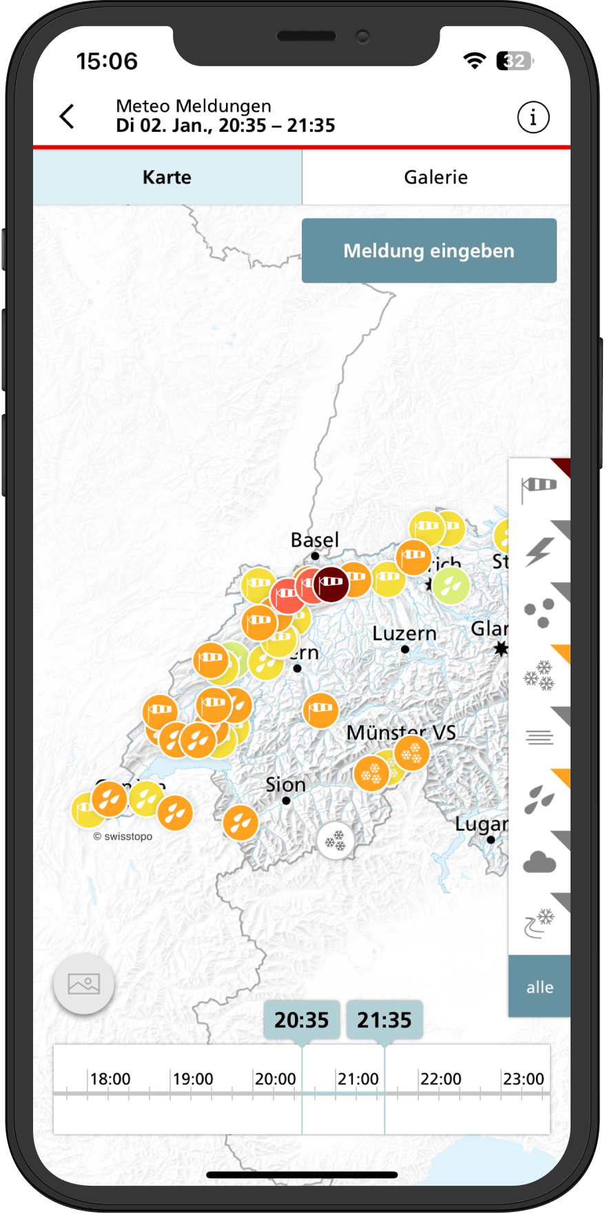 Screenshot of MeteoSwiss 2.0 in 2021. The screen shows a map with markings of hail observations