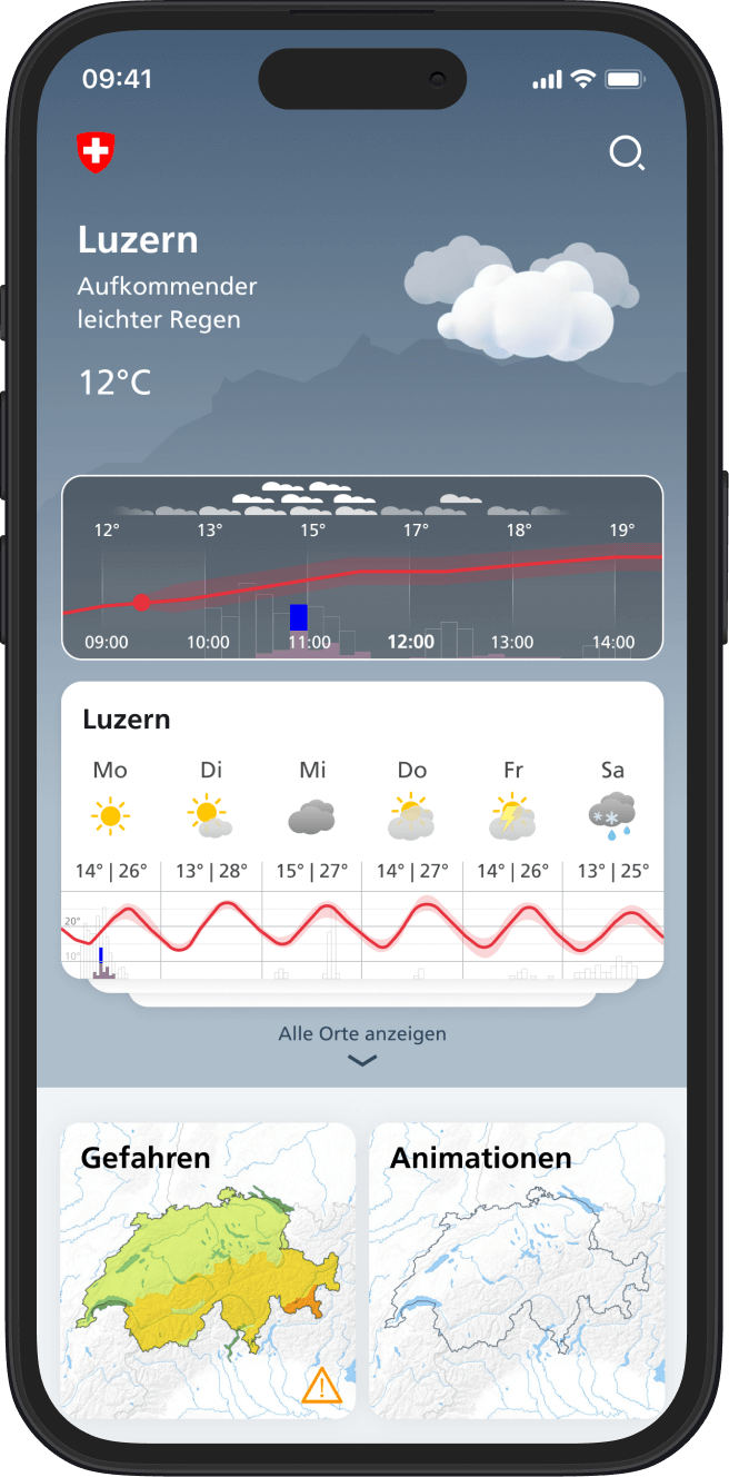 Screenshot of MeteoSwiss 3.0 showing the design of the new homescreen