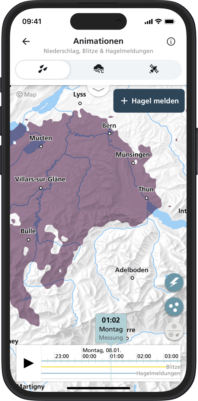 Screenshot of MeteoSwiss 3.0 showing the design of the new map visualizations